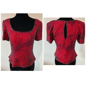 Andretta Donatella Red Silk Beaded Top Size Small